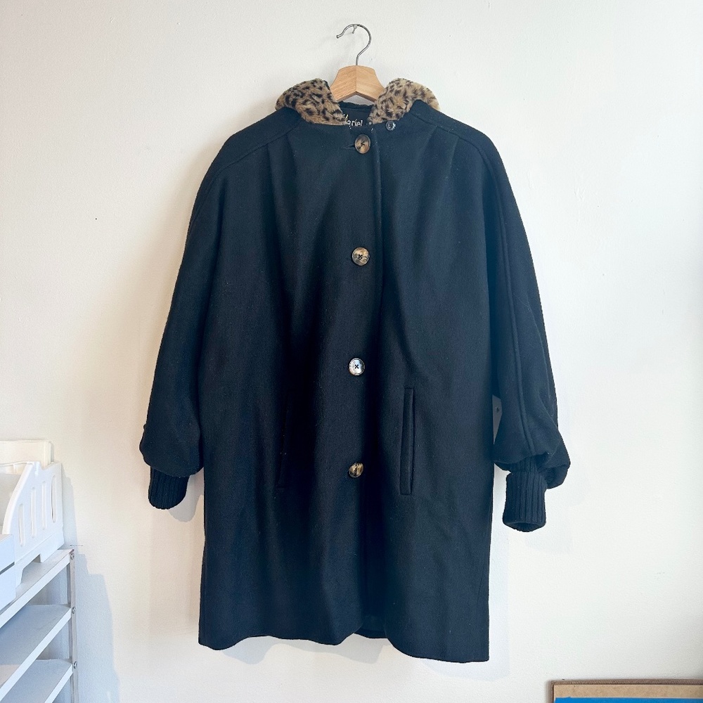 80s or 90s vintage wool blend winter coat with leopard trim hood